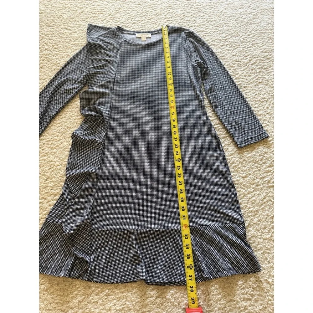 Michael Kors Houndstooth Ruffle Knit A-Line Dress Black White Long‎ Sleeve L